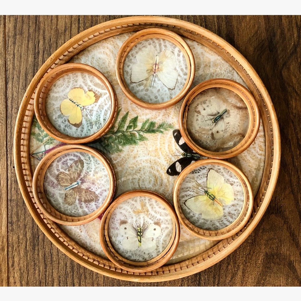 -SOLD- Vintage Butterfly Tray and Coaster Set